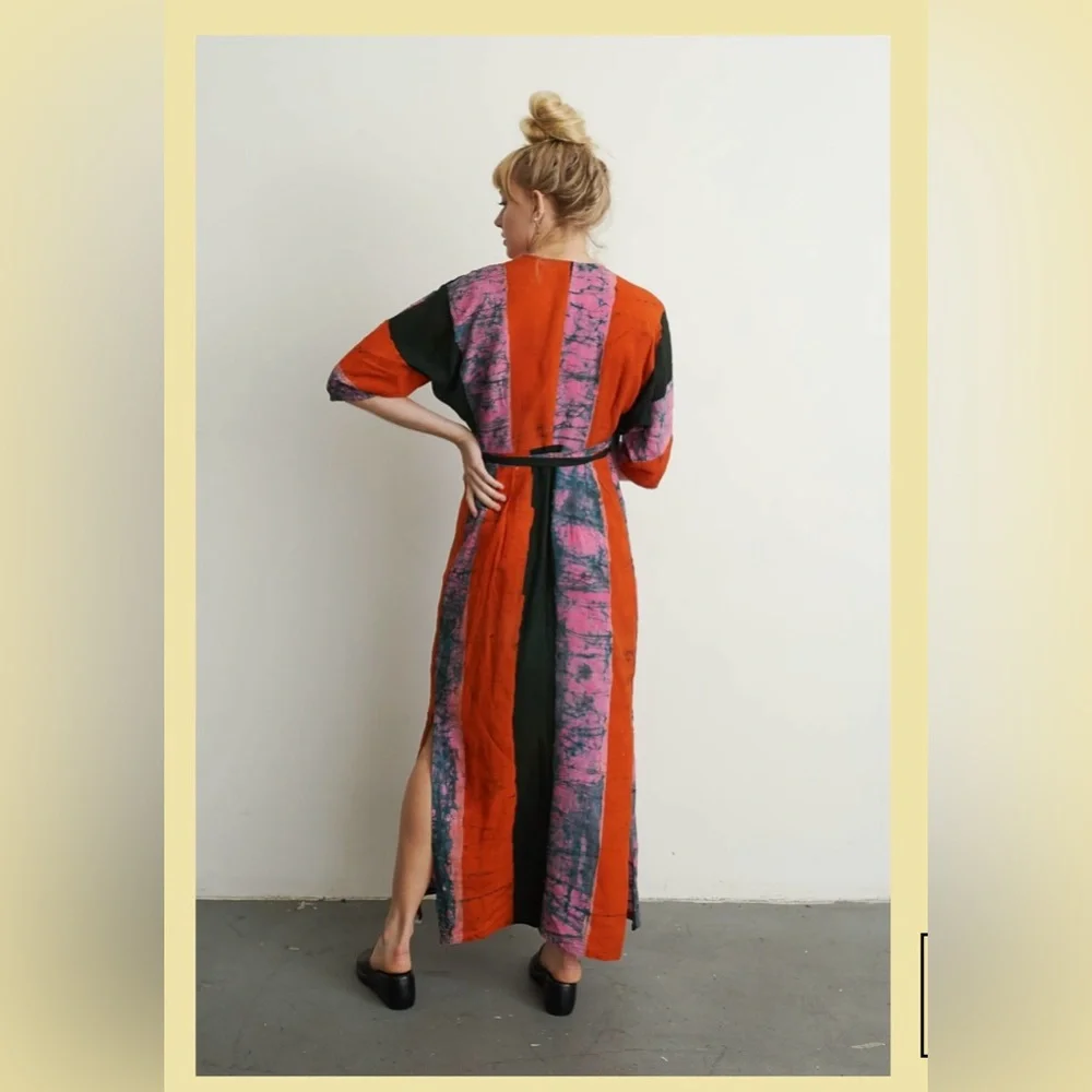 NEW Osei Duro Letsa Rayon Wrap Dress Carmine Red Black Pink Multi Color Size L - Picture 2 of 10